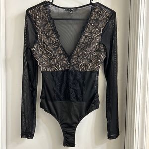 (Only worn once) Sultry By Design Black Lace Long Sleeve Mesh Bodysuit